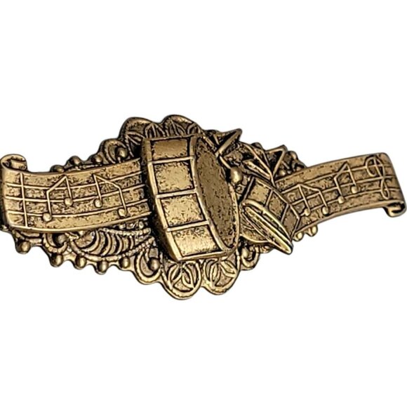 Drummer Brooch Vintage Gold Tone Musical Notes Detailed Metalwork Unsigned - Picture 2 of 7